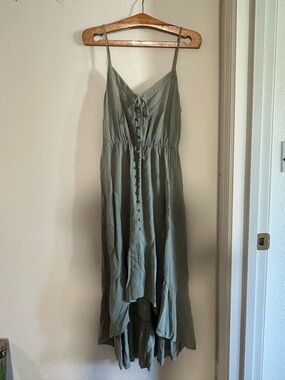 Commense Olive Green Spaghetti Strap MIDI Dress flutter hem XS